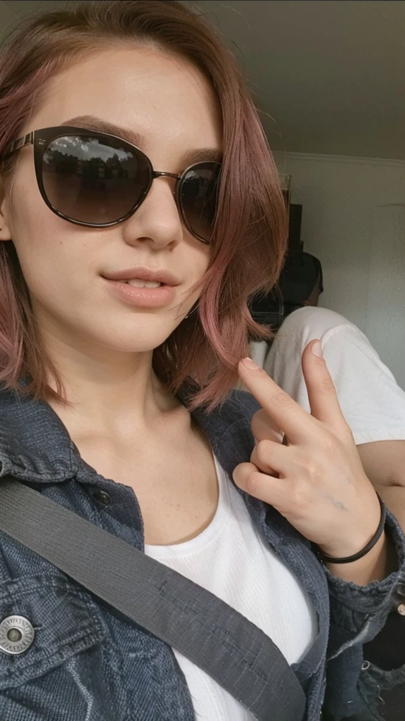 girl, 21 years old, short shoulder-length hair, pink hair color,