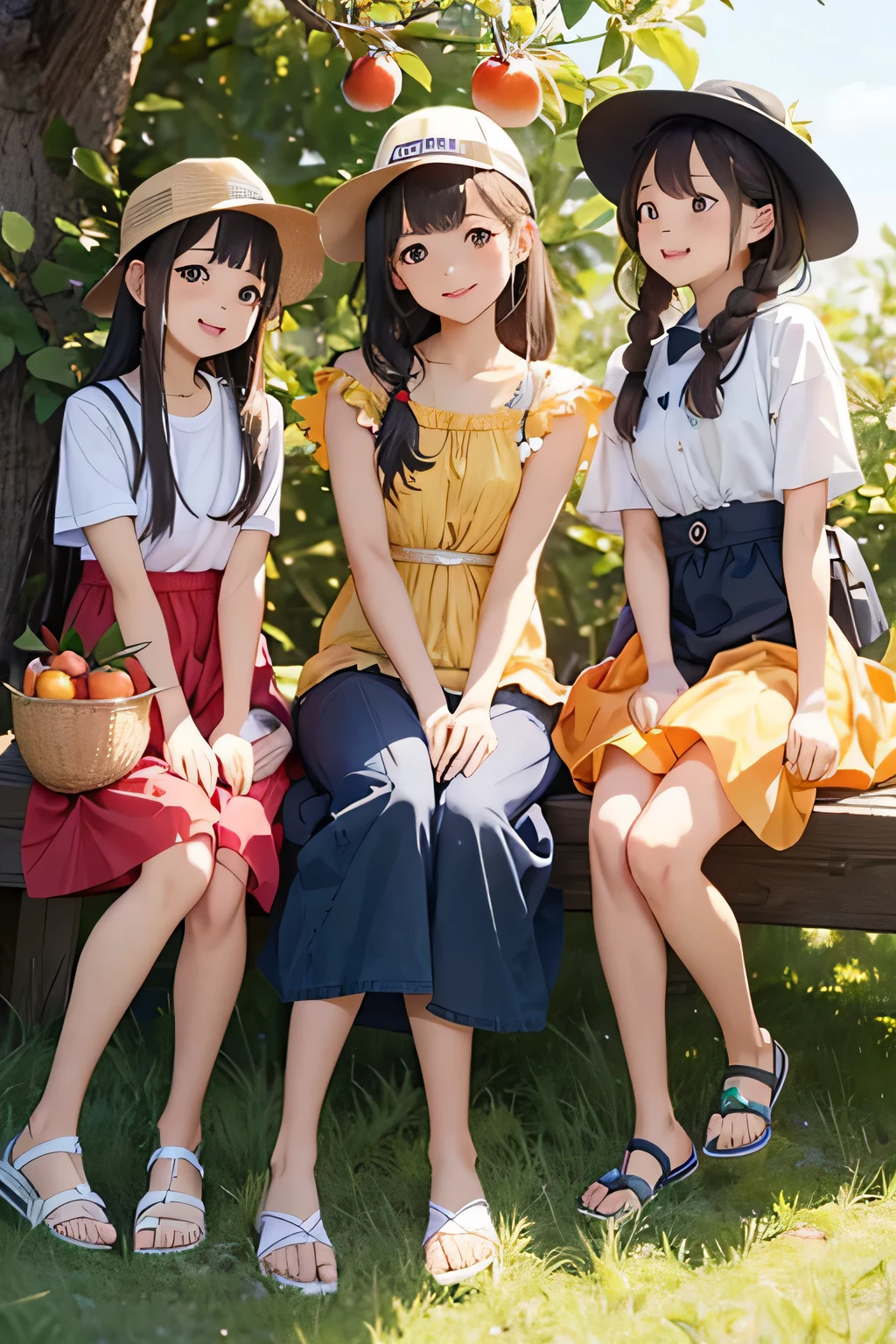 Highest quality、High resolution、Detailed Background、(Beautiful face in every detail:1.4)、Anatomically correct、(Normal number of fingers:1.2)、(Detailed facial expressions)、Teenage beauty、Highly detailed face、Light color hair、Braided Ponytail、Braided bob cut、cute hairstyle、cute gesture、Fun atmosphere、A big smile、smile、Refreshing atmosphere、apple、mandarin orange、peach、
(Girls enjoying fruit picking:1.5)、
On top of a hill with a blue sky、wood々The sunlight shines through、I found some ripe red fruit.、
Holding hands with friends、Climbing from a high branch、Picking sweet-smelling grapes、
A fun time filled with smileemories that remain in my heart、
Now, what color fruit will be next?、Can you find it?、Let's all gather together and eat、
Summer memories: Fruit picking、Running around under the blue sky、apple、mandarin orange、Collected peaches、
I had a great time、A memorable summer day、
A cute T-shirt with fruit prints and colorful colors.、
A flared dress made of lightweight material、Comfortable denim or cotton shorts、
Flared skirts, culottes, etc.、Comfortable flat or sports sandals、Lightweight and breathable sneakers、Caps and hats that are easy to crush、
The color is red, reminiscent of fruit.、yellow、orange、Green etc. gives a lovely impression、cute
