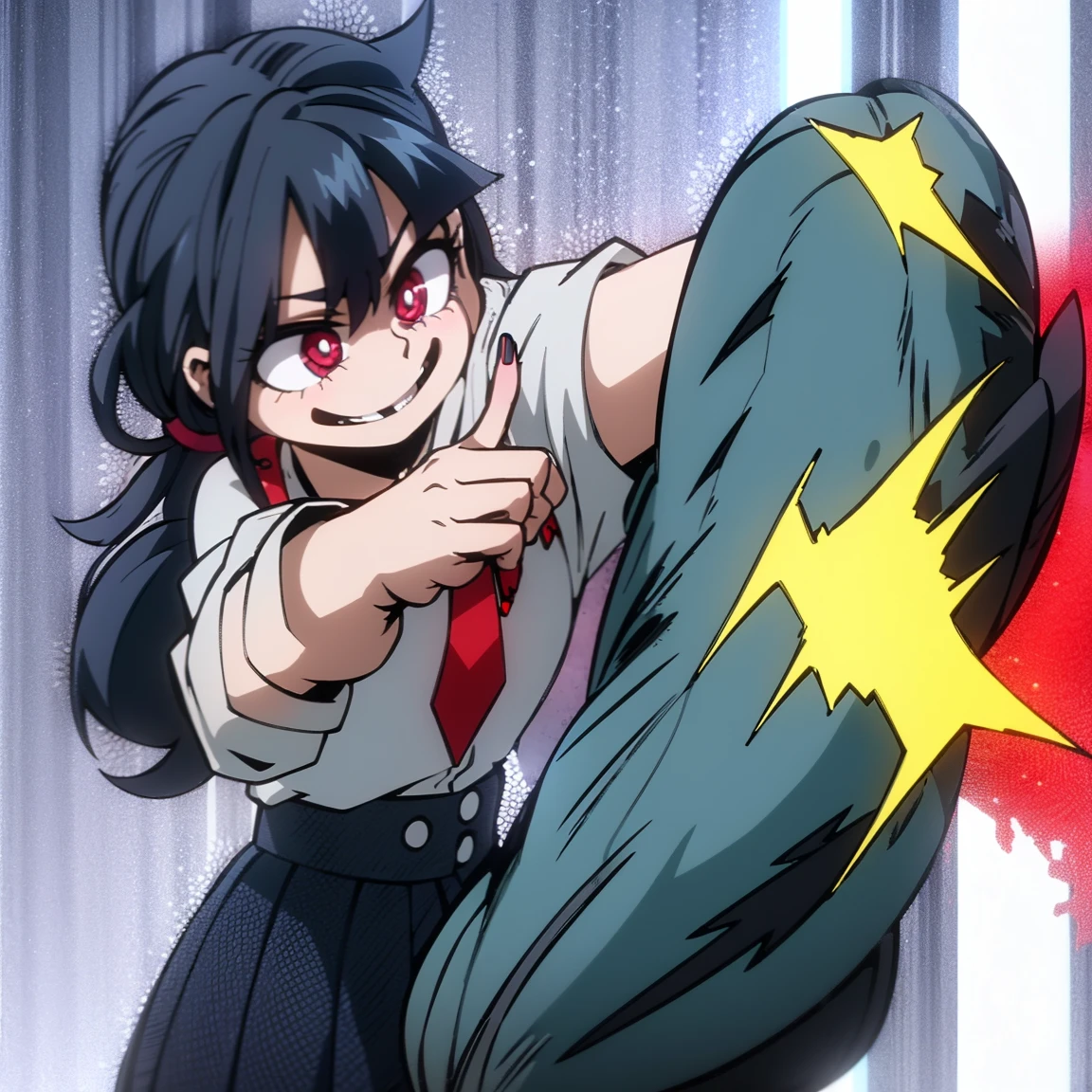 1girl, solo, fair skin, smile, big chest, long ponytail hair, blue hair, dark blue streaked hair, multicolored hair, two-tone hair, pink eyes, blue eyeshadow, gray jacket, red tie, white shirt, teal skirt, u.a, UA uniform, Kohei Horikoshi, My Hero Academia