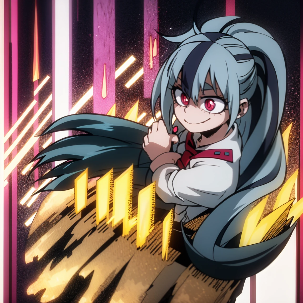 1girl, solo, fair skin, smile, big chest, long ponytail hair, blue hair, dark blue streaked hair, multicolored hair, two-tone hair, pink eyes, blue eyeshadow, gray jacket, red tie, white shirt, teal skirt, u.a, UA uniform, Kohei Horikoshi, My Hero Academia