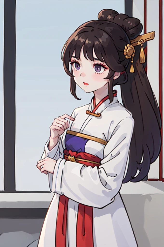 ( Best Quality, ancient china, A girl, long white chinese dress with light blue), long hair tied in a ponytail, Brown hair, purple eyes