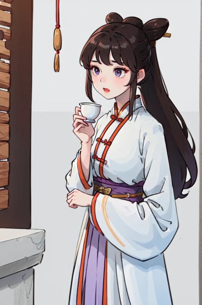 ( Best Quality, ancient china, A girl, long white chinese dress with light blue), long hair tied in a ponytail, Brown hair, purple eyes