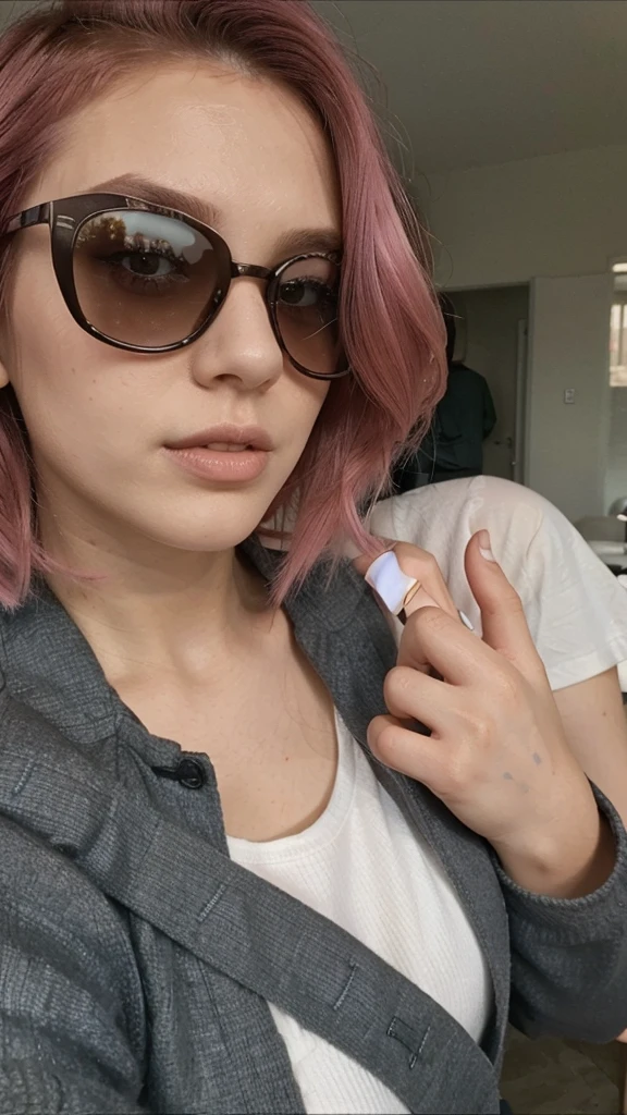 girl, 21 years old, short shoulder-length hair, pink hair color, 
