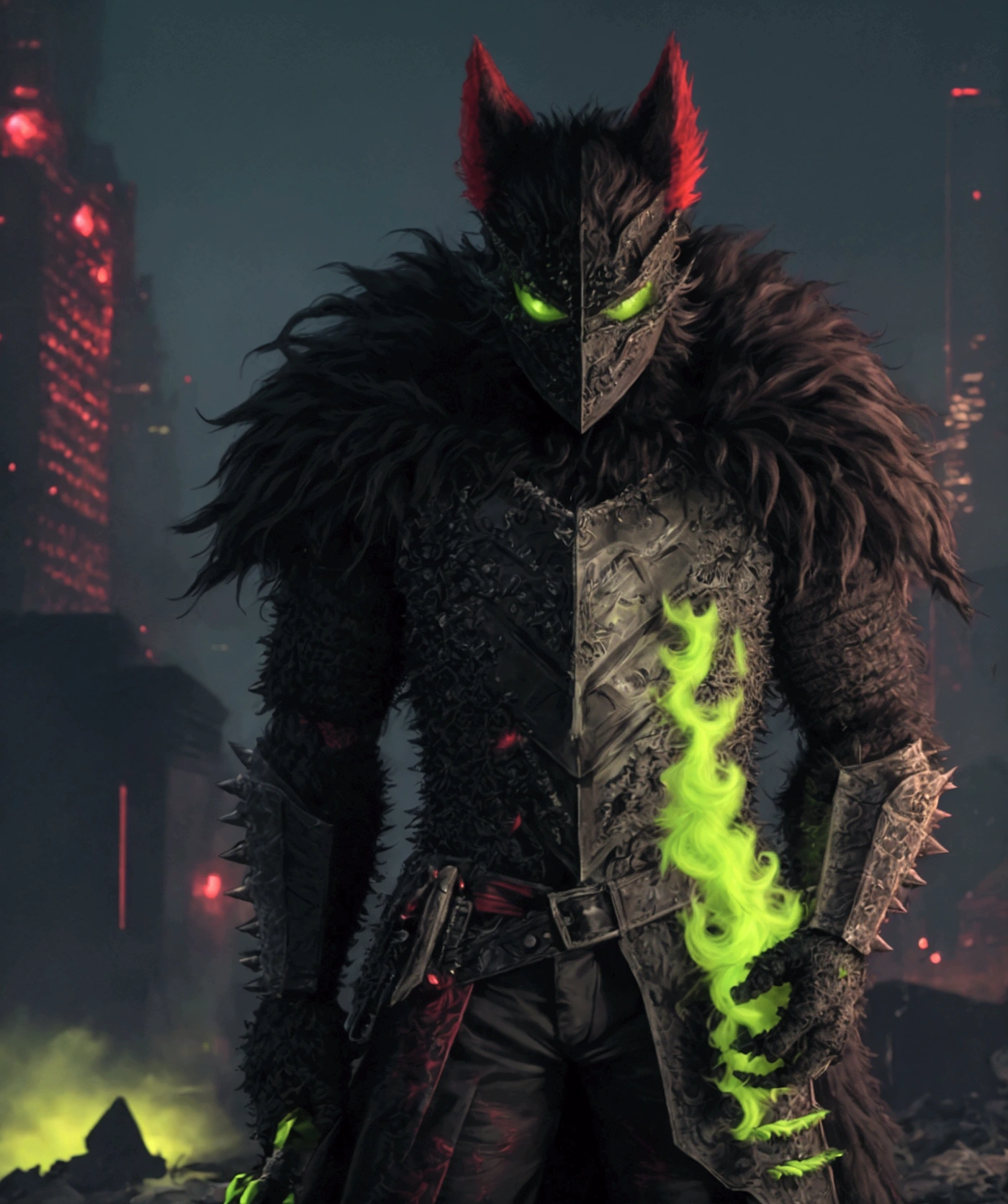 (extremely detailed 8k wallpaper), a medium shot photo of Grim dressed as a scary masked lime green, black and red furry-supervillain in a lime green, red and black spiked armour made of fur glowing armour with spikes from marvel, theme, intricate, high detail, dramatic, furry monster and destroyed buildings in the background