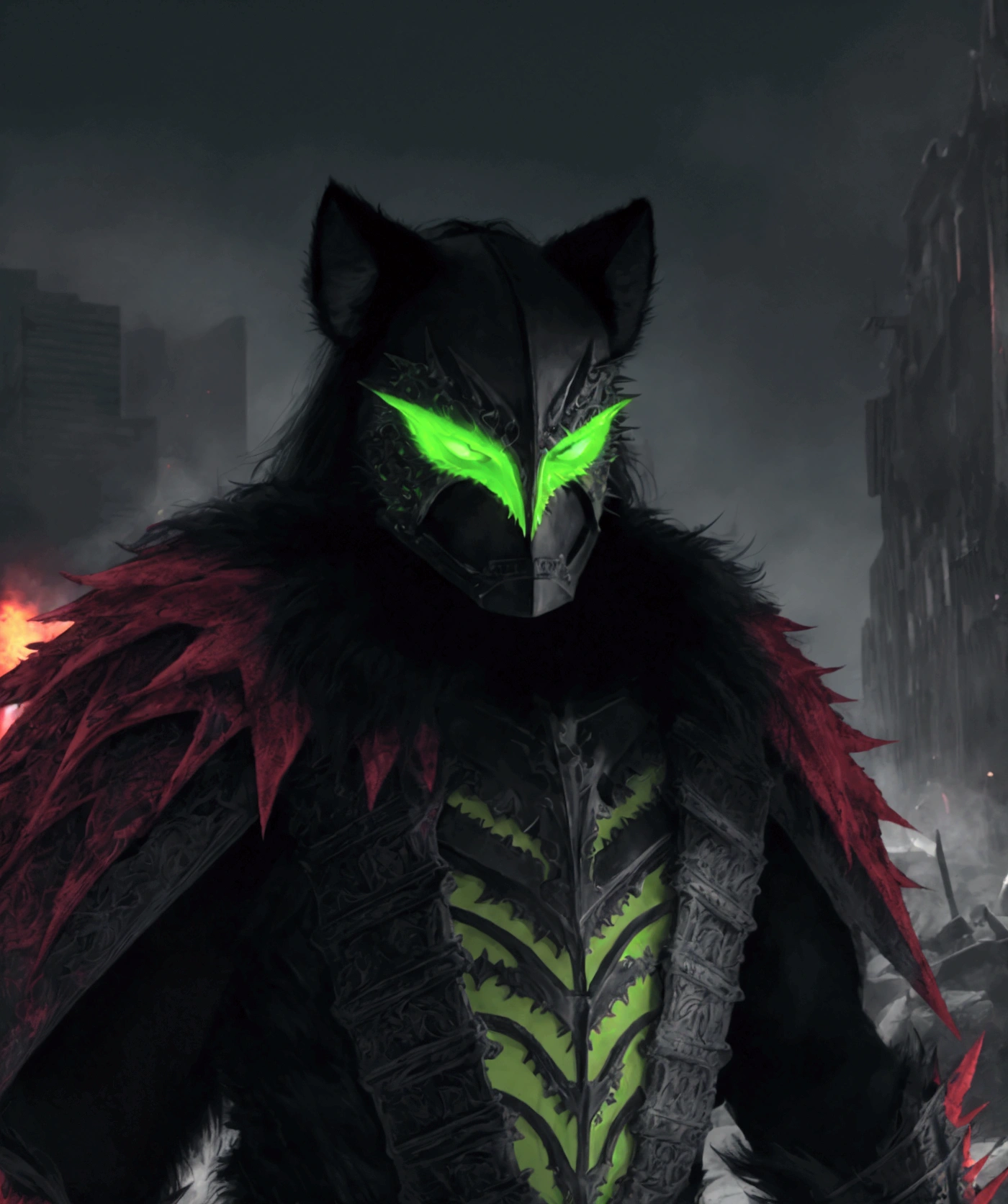(extremely detailed 8k wallpaper), a medium shot photo of  Grim dressed as a scary masked lime green, black and red furry-supervillain in a lime green, red  and  black spiked armour made of fur glowing armour with spikes from marvel, theme, intricate, high detail, dramatic, furry monster and destroyed buildings in the background