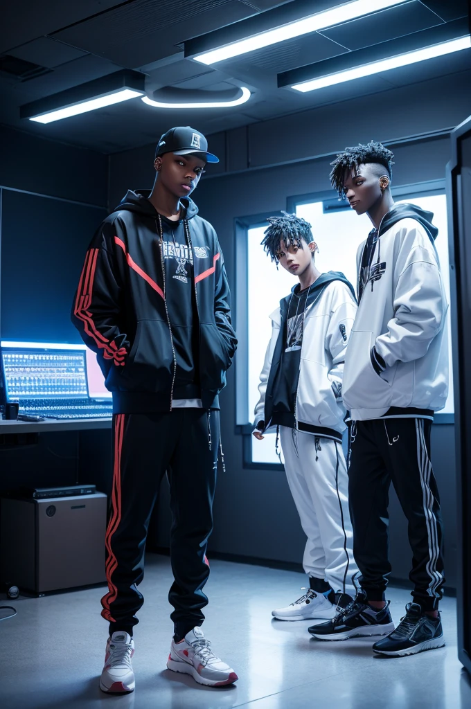 Futuristic music studio, with two boys in hip hop clothes, well lit with LEDs 4k image