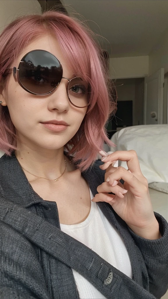 girl, 21 years old, short shoulder-length hair, pink hair color,