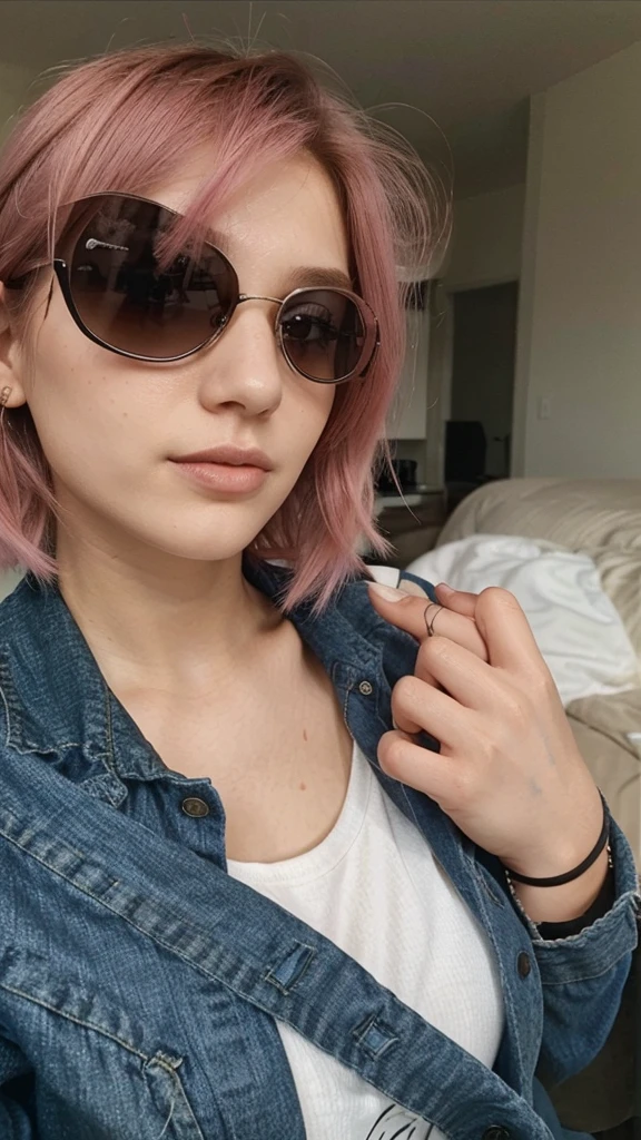 girl, 21 years old, short shoulder-length hair, pink hair color,