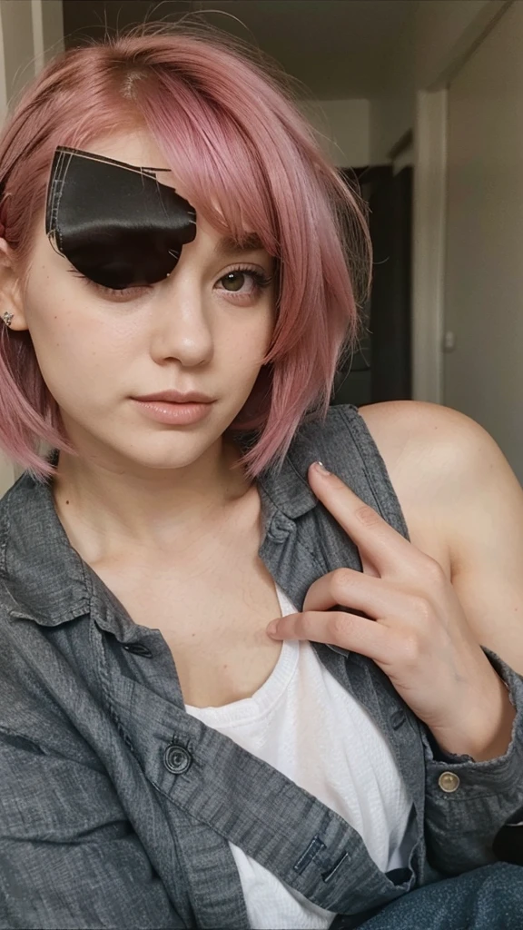 girl, 21 years old, short shoulder-length hair, pink hair color, 