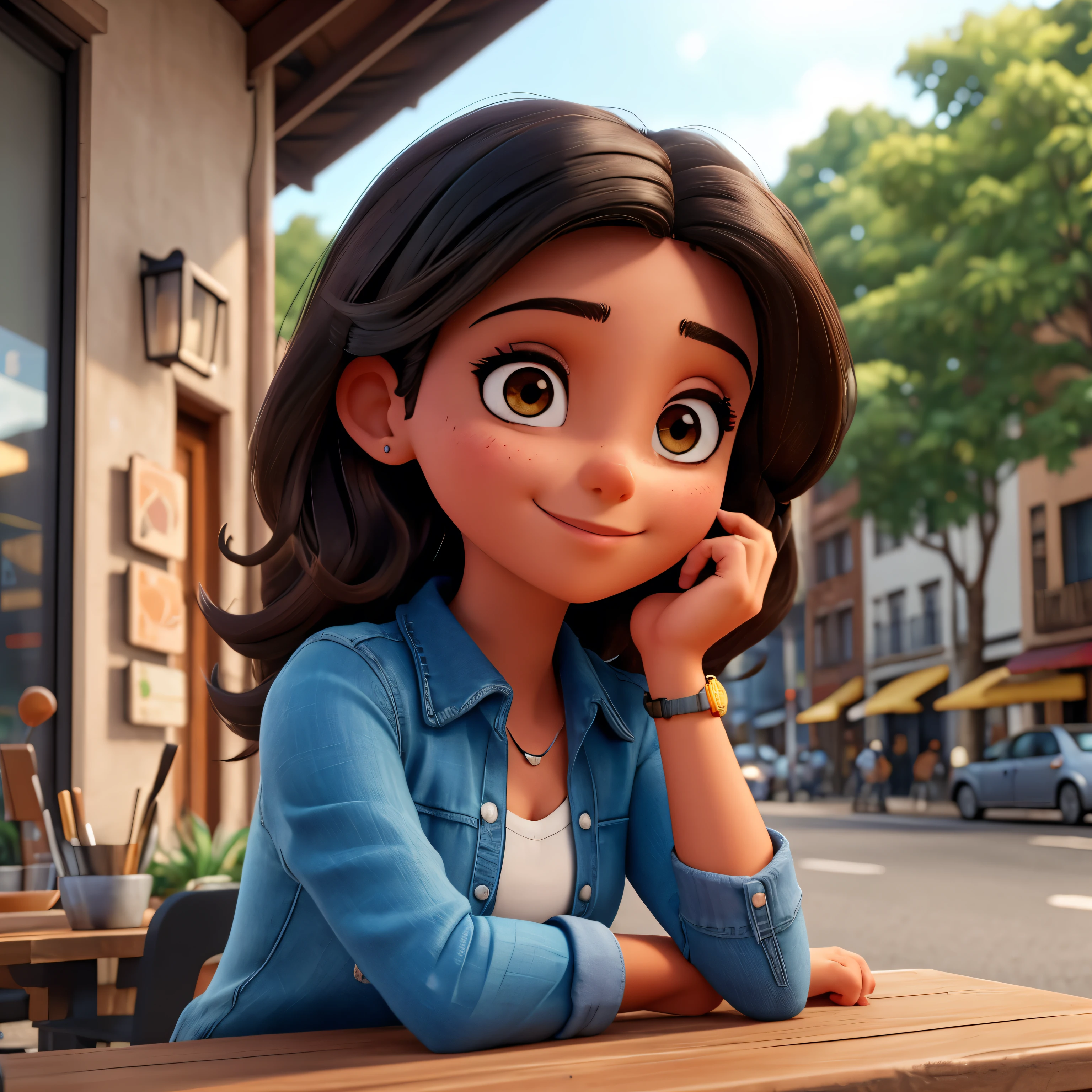 Beautiful Brazilian woman sitting and drinking coffee on the street in a small cafe with her friend, beautiful face, Short black hair to the back of the head, brown eyes and heavy eyeshadow, Wearing jeans and a black polo shirt, big fashion style, looking at you with loving eyes and a soft smile, The background is a European city downtown, nblurry background, shallow depth of field, cinematic light, smooth light, back-illuminated, micro-details, fotorrealism, photorrealistic, cinematographic, 85 mm 1.4