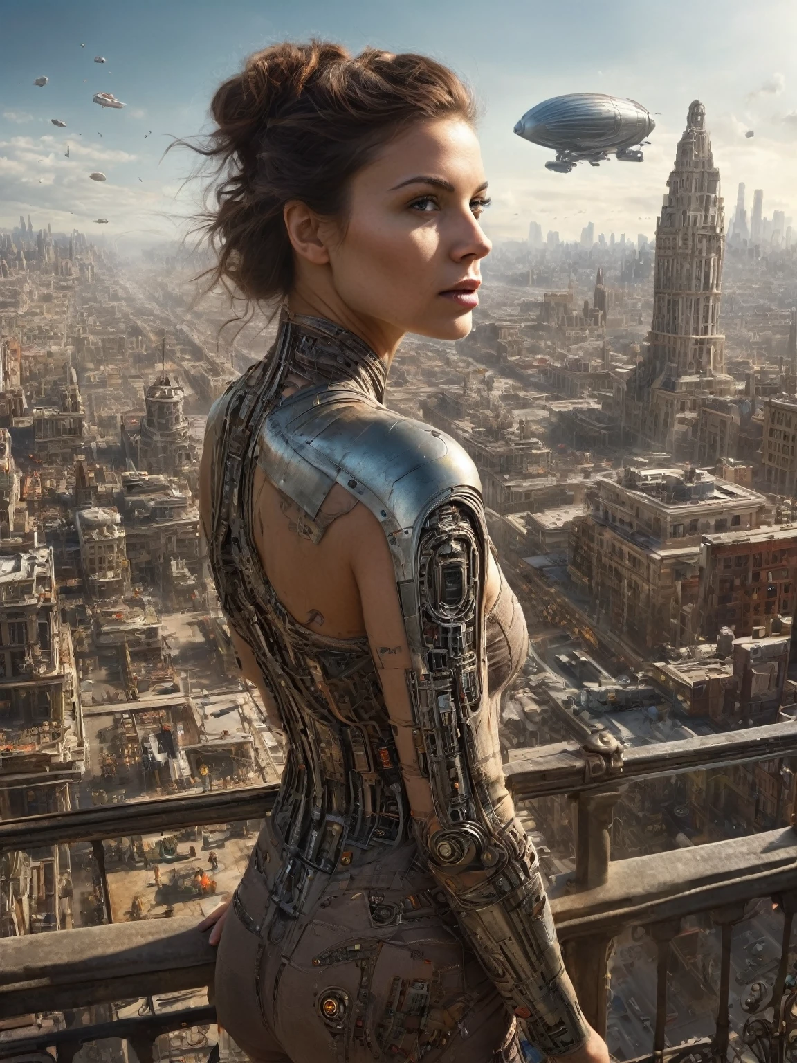 1girl, solo focus, looking back, balcony, city street, Insanely detailed and intricate scifi cityscape, circuits, airship, Photo of, Photorealistic, Professional Photo