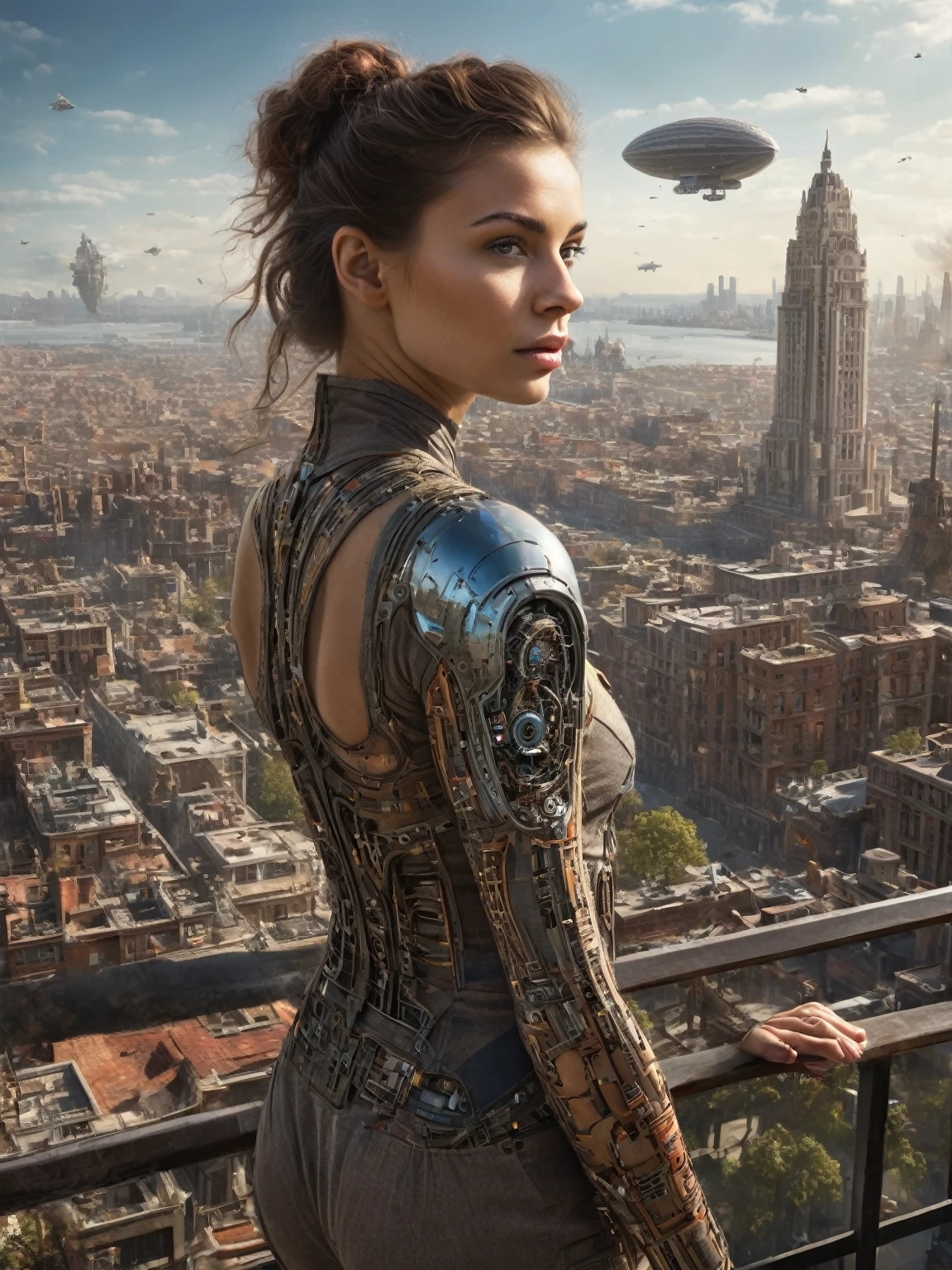 1girl, solo focus, looking back, balcony, city street, Insanely detailed and intricate scifi cityscape, circuits, airship, Photo of, Photorealistic, Professional Photo