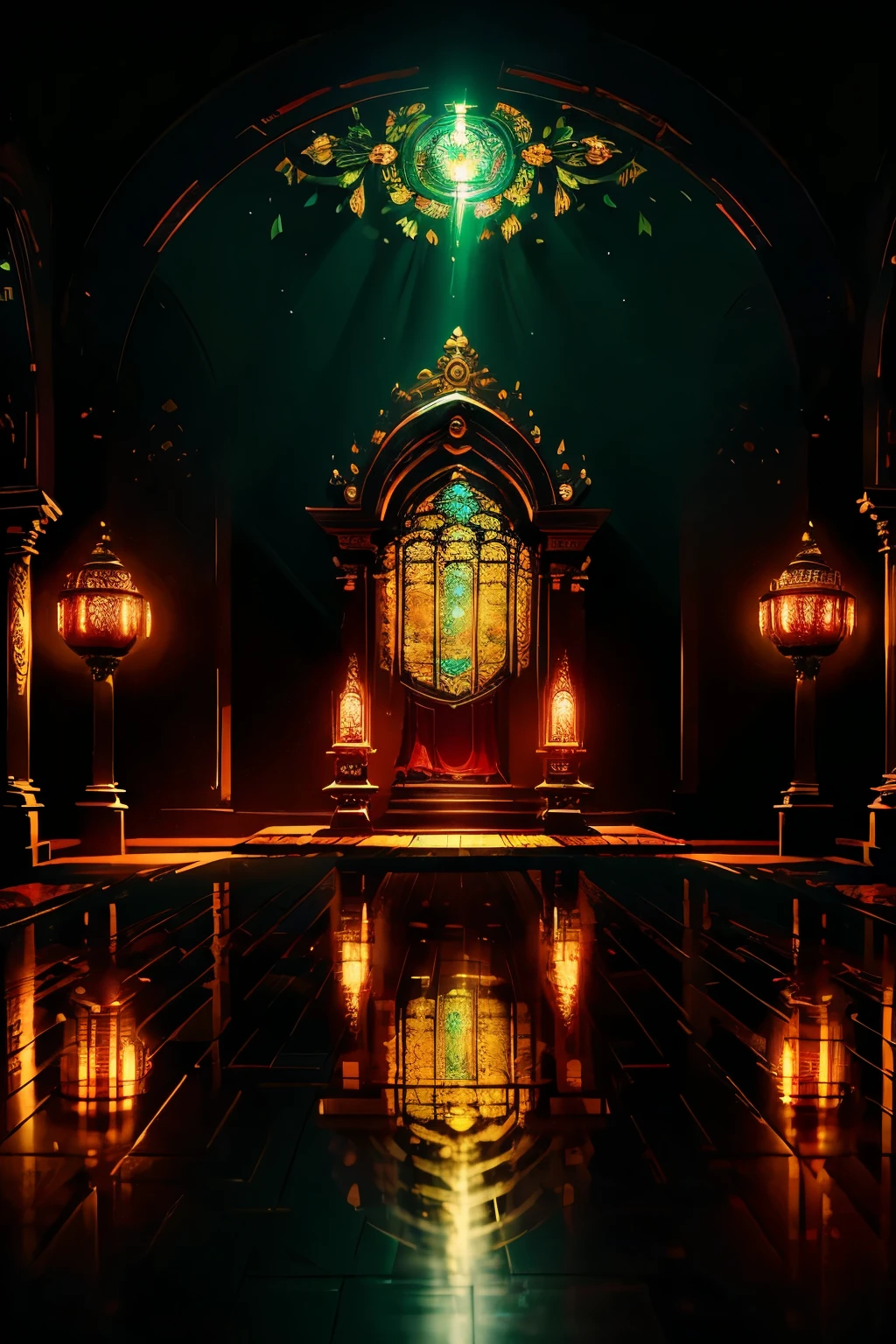 In the heart of the Amazon rainforest, a serene and opulent invitation unfolds. The image captures a lush, emerald landscape, surrounded by the towering canopy of ancient trees, their leaves shimmering in the golden sunlight that filters through the dense foliage. As the sun begins to set, a living tapestry of colors emerges, presenting a vibrant spectacle of hues that mirrors the resplendent spirit of the patron saint of Yurimaguas.
In the center of the image stands a grand, ornate altar adorned with intricate carvings, lush ferns, and vibrant flowers. Atop the altar, a