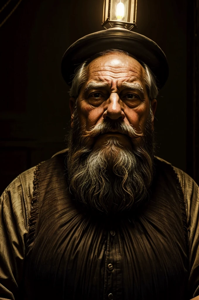 Face of an old man with a big beard illuminated by an antique lamp, very realistic, work of art, great handling of light and dark, baroque painting style, realism, Caravaggio