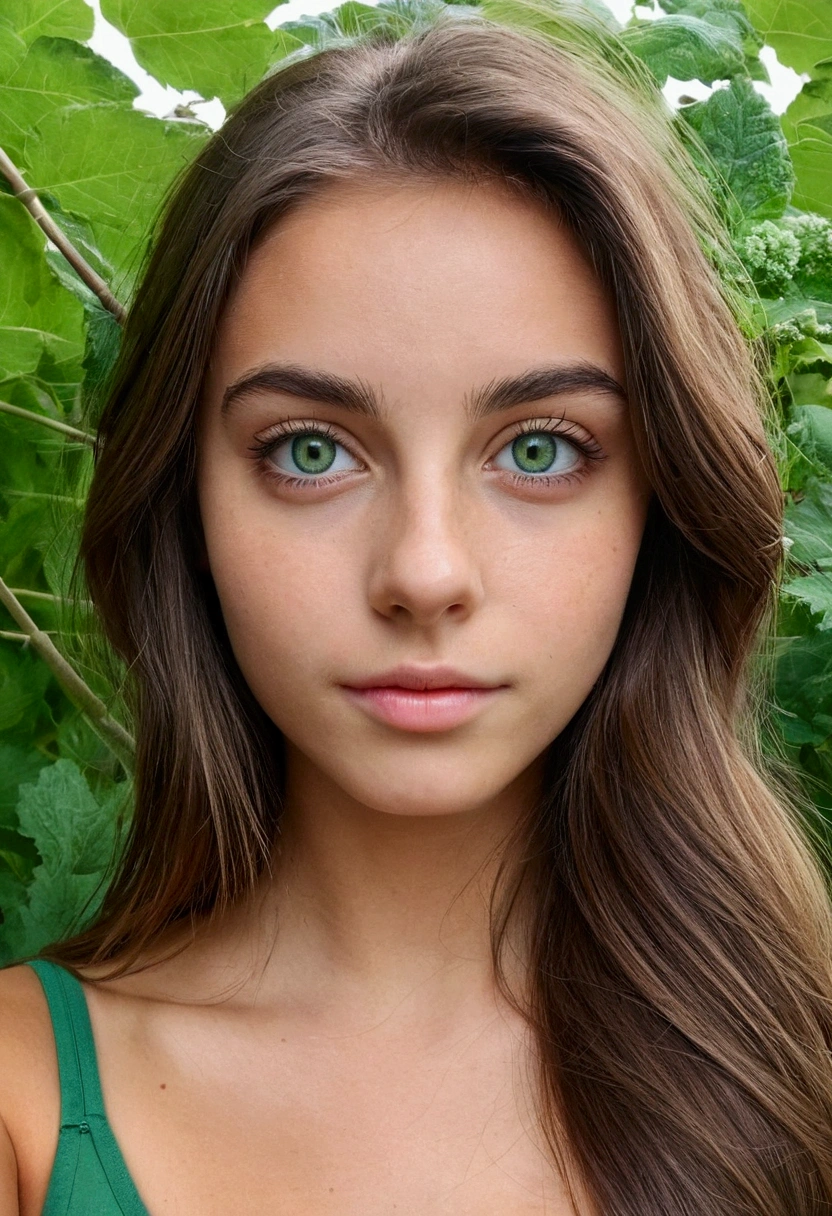 fille brune de 23 ans avec de jolies formes aux yeux brun/vert, Ultra réaliste, minutieusement détaillé, maquillage naturel, regarder directement la caméra, selfie devant un paysage, photo réaliste avec défauts, photo type instagram