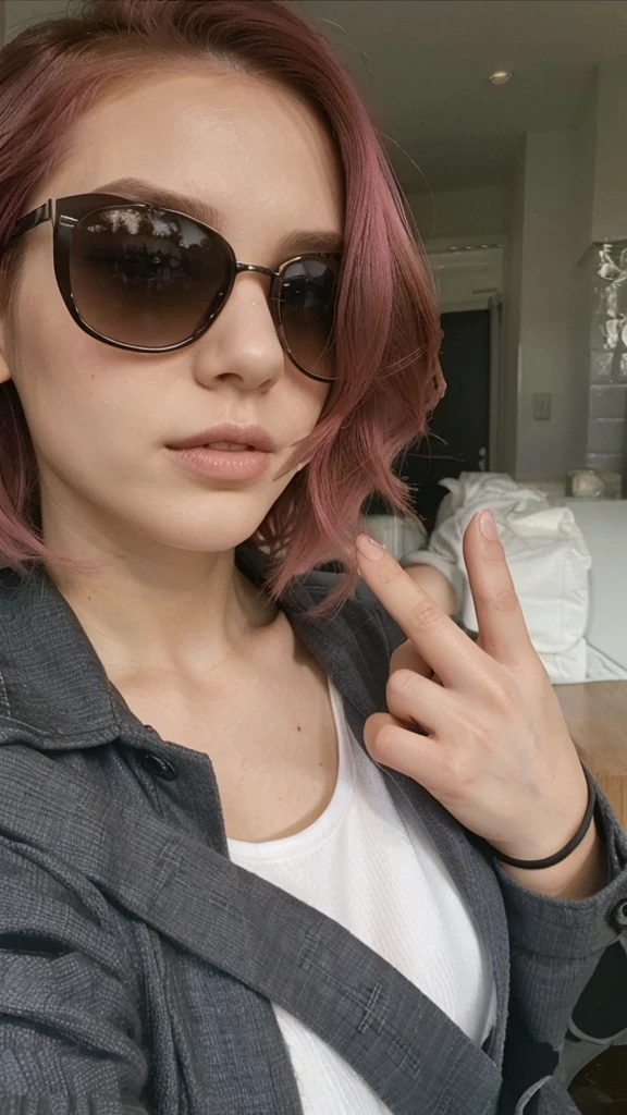 girl, 21 years old, short shoulder-length hair, pink hair color, pink hair