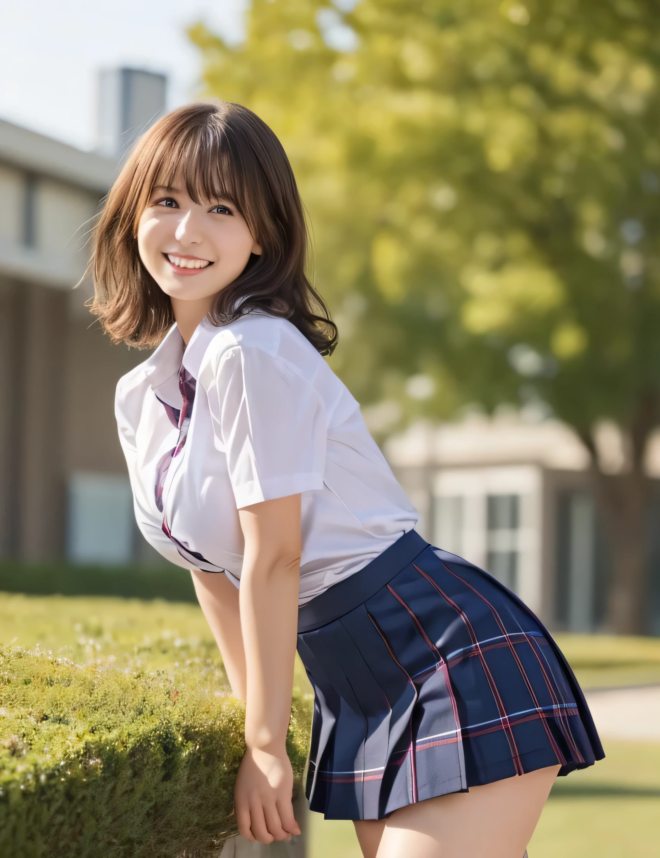 One Girl, (服の上からでもわかるVery large breasts、School white summer shirt、school summer uniform、Beautiful girl, Delicate girl:1.3), (24-years-old:1.3),(Smiling with teeth showing、Cute smiling eyes、Cute loose perm、Braid only the bangs、Fluffy hair、Medium Short Hair、Wrapping a leather belt、Wear a checked miniskirt、Round and ample breasts、Curved waist、Photo from the waist up:1.4)
Very beautiful eyes, (School uniforms:1.3), (Very large breasts:0.5), Brown eyes, Parted bangs, Light brown hair,
, (:1.0),
, (masterpiece, Highest quality, Super detailed, Detailed face, 8k)