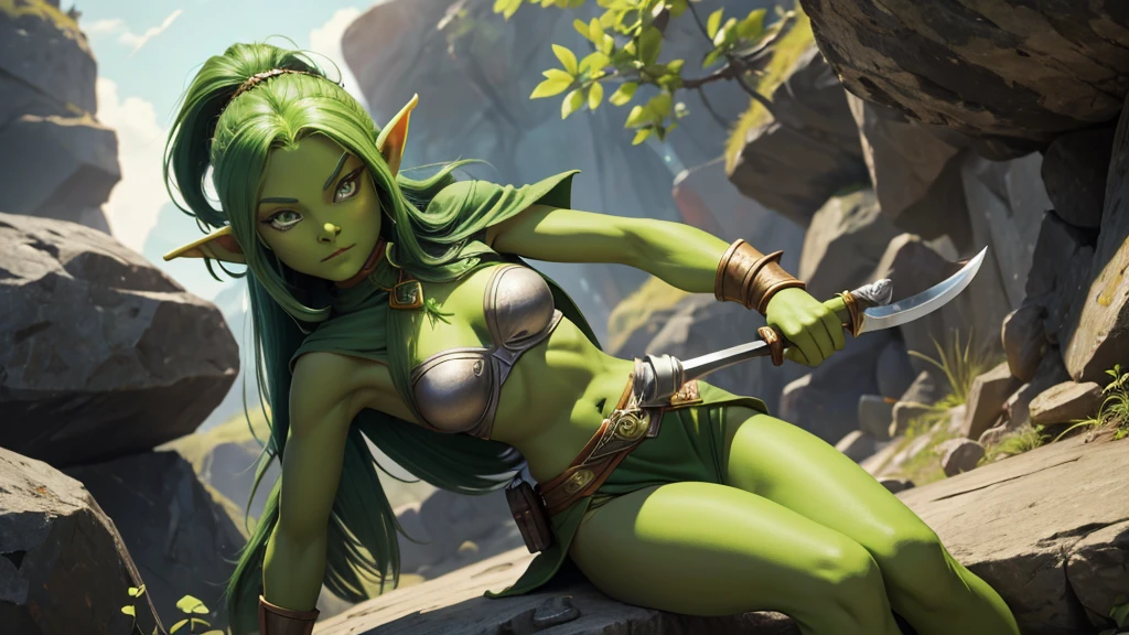 a small green-skinned elf woman with a stone knife in her hand