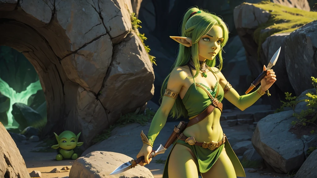 a small green-skinned elf woman with a stone knife in her hand