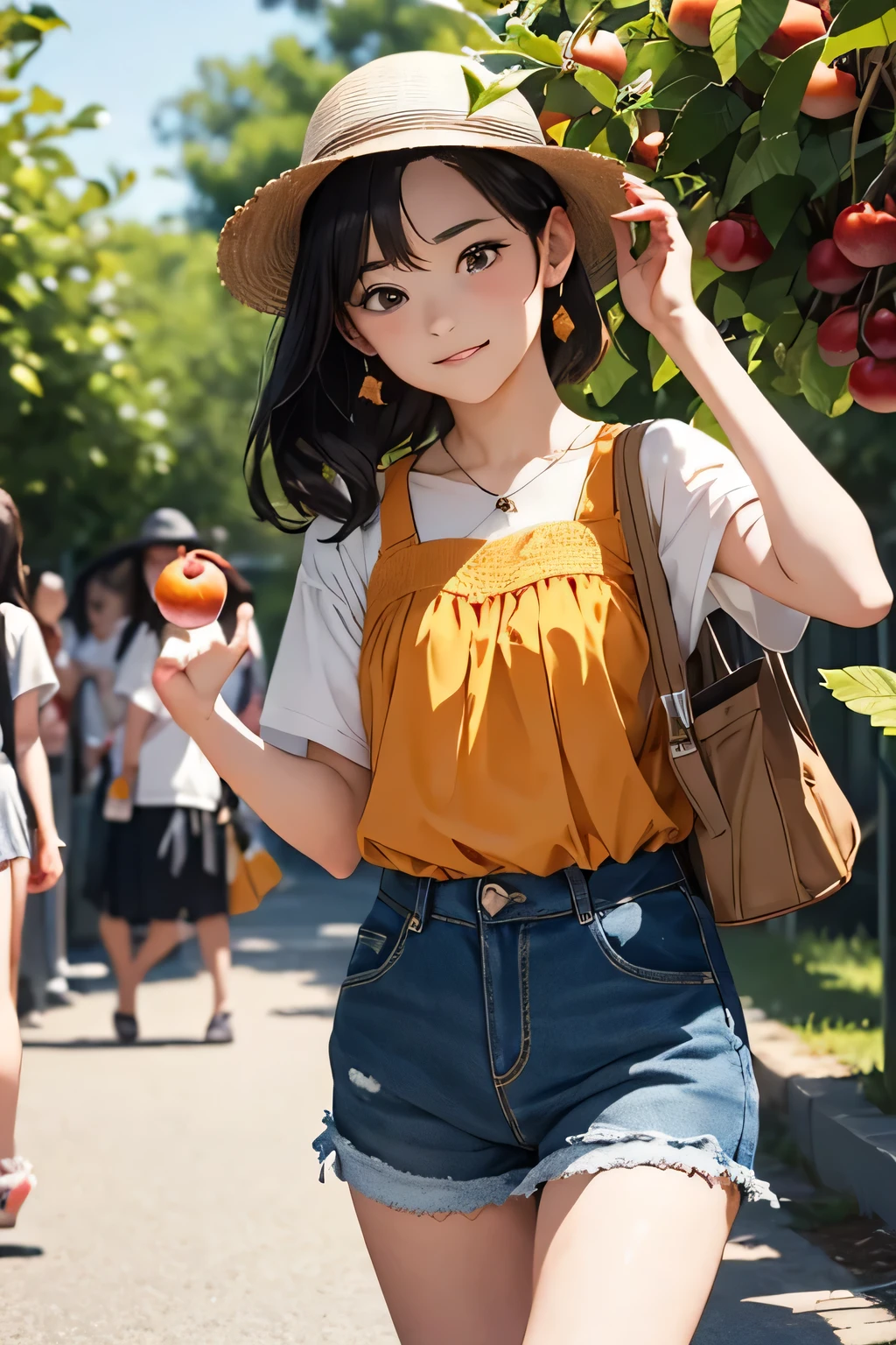 Highest quality、High resolution、Detailed Background、(Beautiful face in every detail:1.4)、Anatomically correct、(Normal number of fingers:1.2)、(Detailed facial expressions)、Teenage beauty、Highly detailed face、Light color hair、Braided Ponytail、Braided bob cut、cute hairstyle、cute gesture、Fun atmosphere、A big smile、smile、Refreshing atmosphere、apple、mandarin orange、peach、
(Girls enjoying fruit picking:1.5)、
On top of a hill with a blue sky、wood々The sunlight shines through、I found some ripe red fruit.、
Holding hands with friends、Climbing from a high branch、Picking sweet-smelling grapes、
A fun time filled with smileemories that remain in my heart、
Now, what color fruit will be next?、Can you find it?、Let's all gather together and eat、
Summer memories: Fruit picking、Running around under the blue sky、apple、mandarin orange、Collected peaches、
I had a great time、A memorable summer day、
A cute T-shirt with fruit prints and colorful colors.、
A flared dress made of lightweight material、Comfortable denim or cotton shorts、
Flared skirts, culottes, etc.、Comfortable flat or sports sandals、Lightweight and breathable sneakers、Caps and hats that are easy to crush、
The color is red, reminiscent of fruit.、yellow、orange、Green etc. gives a lovely impression、cute