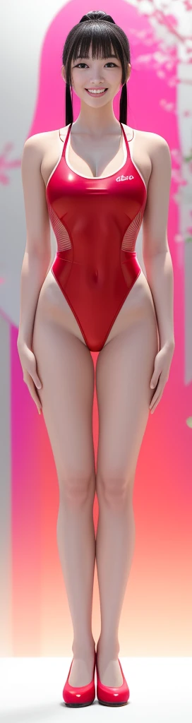 On a white background,A tall and beautiful Chinese girl,with fair skin,Toothy smile,A big smile,When you laugh, Your eyes are crescent-shaped,blunt bangs, long straight hair,Wear a one-piece swimsuit and pumps,Swimsuits are decorated with joyful patterns, Stand up straight,Stand upright,hands on sides,Symmetrical distribution,Ray tracing,All shaded areas,No windows, Soft lighting, Warm light, flood light, n, Studio light, 1.4x Realistic Ultra HD
