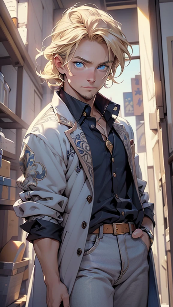 (man:1.5),1 man,male, muscle, 1boy, muscle, pectoral,  muscular, Mature man,45 year,1 man,macho man,((blonde hair,nice hair style,short blonde hair)),(((blonde very short beard, blonde very short beard))), (((blue_eyes:1.3))),intricate eyes,beautiful detailed eyes,symmetrical eyes,thicc, ((detailed face)),macho man,

(male caucasian prince),prince,

(((lustrous skin:1.5,tanned skin,bright skin: 1.5,skin tanned,shiny skin,very shiny skin,shiny body))),powerful,heroic,nsfw,

 caucasian,elegant,

(open coat, arabian fashion,arabian coat, jeans,white shirt,  masculine features, modern style,arabian clothes),(((blue coat, blue coat outfit, wearing a blue coat:1.3,arabian blue coat))),(arabian jewelry,intricate necklace),((bulge in pants)),(((intricate outfit,intricate clothes,ornate outfit))),

(dynamic pose:1.0),embarrassed,(centered,scale to fit dimensions,Rule of thirds),

inside,indoor,((palace in Arabia, palace in Arabia background)),scenery:1.25,((intricate scenery)),

(Glossy winter ornaments),highres,sharp focus,(ultra detailed,extremely detailed),(photorealistic artwork:1.37),(extremely detailed CG unity 8k wallpaper),(((vibrant colors,vibrant theme))),(intricate),(masterpiece),(best quality),artistic photography,(photography taken by sldr),(intricate background),perfect rendered face,perfect face details,realistic face,photo realistic,((intricate detail)),(((realism))),
