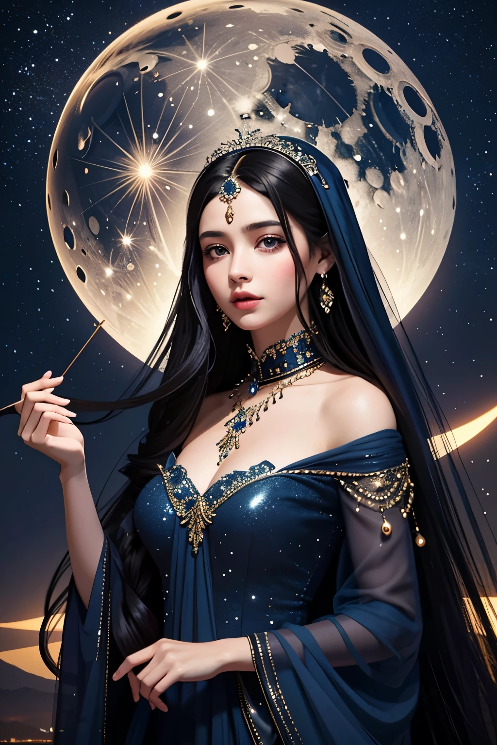 This is a masterpiece of a image, showcasing an Arab girl exuding an enchanting charm that is uniquely hers. Set against the backdrop of a breathtaking night landscape, the girl is surrounded by the moonlit desert, with stars twinkling overhead and a distant oasis glowing in the distance. She is elegantly enclosed in an exquisite enclosure outside, adding to the dreamlike quality of the scene.
The girl is lovely, with long, black hair cascading down her shoulders, and dark brown eyes that seem to hold an unspoken allure. She is dressed in a elegant, dark blue dress that shimmers under the moonlight, adorned with