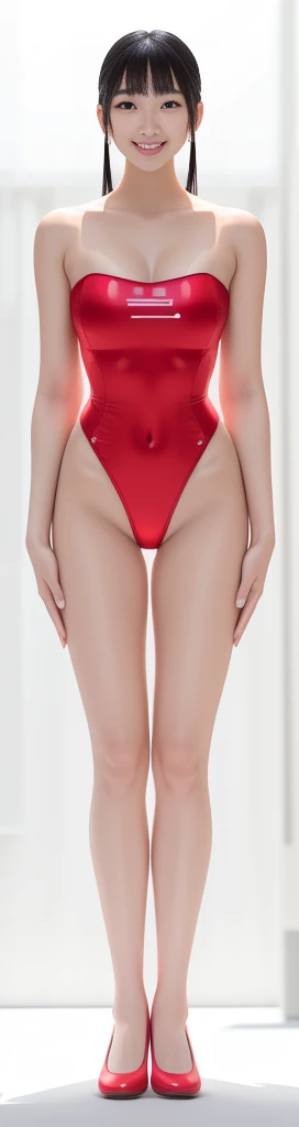 On a white background，A tall and beautiful Chinese girl，with fair skin，Toothy smile，A big smile，When you laugh, Your eyes are crescent-shaped，blunt bangs, long straight hair，Wear a one-piece swimsuit and pumps，Swimsuits are decorated with joyful patterns, Stand up straight，Stand upright，hands on sides，Symmetrical distribution，Ray tracing，All shaded areas，No windows, Soft lighting, Warm light, flood light, n, Studio light, 1.4x Realistic Ultra HD
