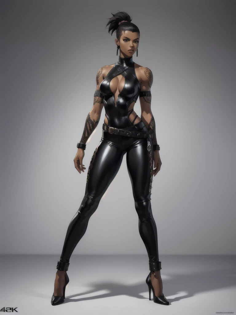 ((best quality)), ((4k)), ((highres)), ((masterpiece:1.2)). ((detailed)), ((ultra realistic)), ((intricate details)), ((full body picture)), ((solo character)), a full body picture of a beautifull Ebony skinned female, black woman, dark skin, perfect face, detailed eyes, detailed lips, about 25 years old, about 5'6 ft. tall, punk black woman, punk style, punk styled hair, side shaved hair ((emphasis on her side shaved hair)), muscular body, hourglass body type, dressed in a golden top and black leather pants, high heels, fighting game character concept art, tekken character design, the king of fighters character concept, full bofy, full body concept art, full body art