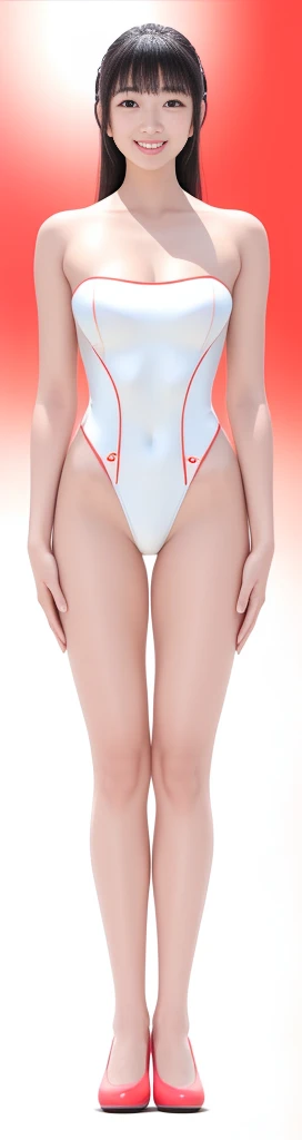 On a white background,A tall and beautiful Chinese girl,with fair skin,Toothy smile,A big smile,When you laugh, Your eyes are crescent-shaped,blunt bangs, long straight hair,Wear a one-piece swimsuit and pumps,Swimsuits are decorated with joyful patterns, Stand up straight,Stand upright,hands on sides,Symmetrical distribution,Ray tracing,All shaded areas,No windows, Soft lighting, Warm light, flood light, n, Studio light, 1.4x Realistic Ultra HD