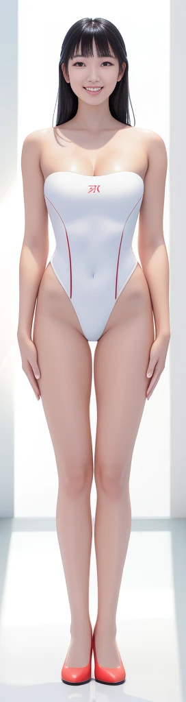 On a white background,A tall and beautiful Chinese girl,with fair skin,Toothy smile,A big smile,When you laugh, Your eyes are crescent-shaped,blunt bangs, long straight hair,Wear a one-piece swimsuit and pumps,Swimsuits are decorated with joyful patterns, Stand up straight,Stand upright,hands on sides,Symmetrical distribution,Ray tracing,All shaded areas,No windows, Soft lighting, Warm light, flood light, n, Studio light, 1.4x Realistic Ultra HD