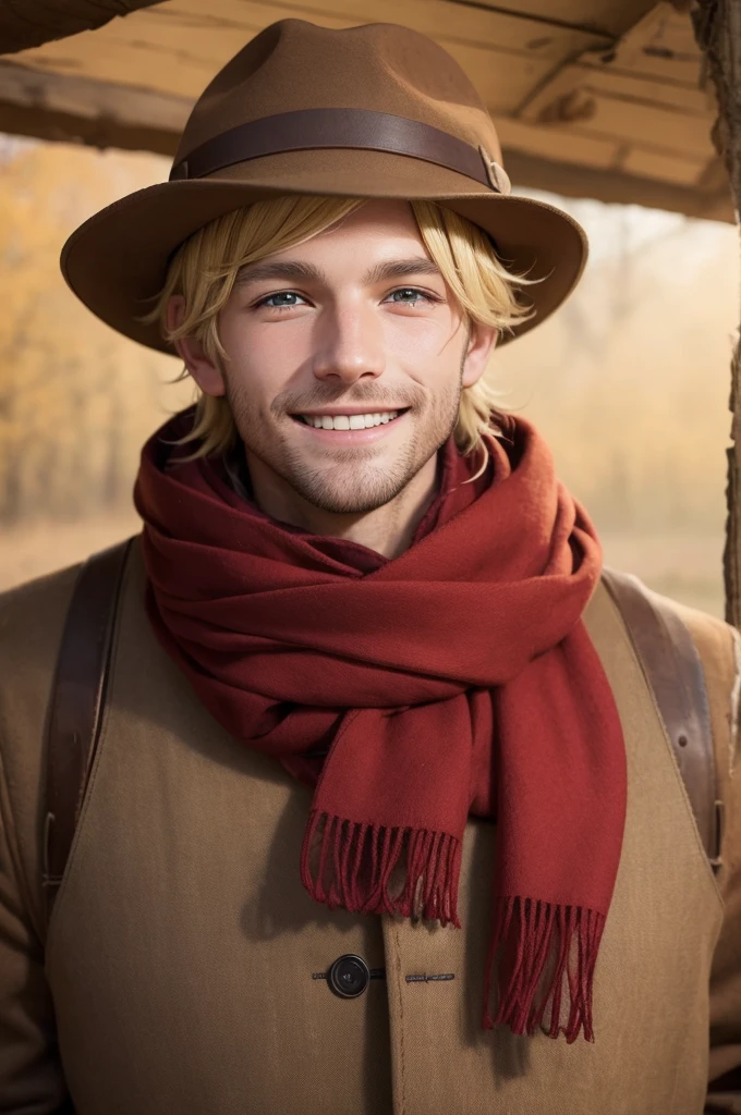 A farmer in country clothes, with a hat, a red scarf and brown gloves. His skin is darker, his eyes are dark and he is blonde. He is smiling.