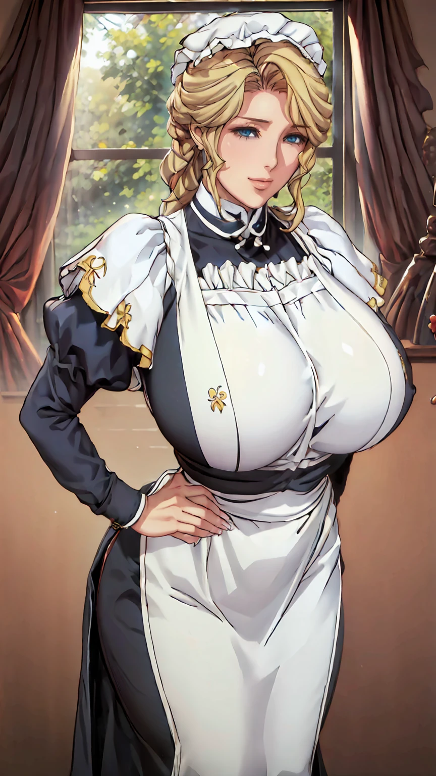 Maria_VM, VIctorian_Maid_Uniform,(masterpiece:1.2, best quality), realistic, (real picture, intricate details, depth of field), (1girl, solo),(mature female), 40 year old woman, make up, smiling , parted lips, highly-detailed, gorgeous perfect face, (huge breasts), sagging breasts, (skindentation), wide hips, average waist, tall, Luscious red lips, thick lips, (Voluminous blonde hair) , beautiful blue eyes, maid uniform, maid cap, maid apron,, earrings, sexy, blushing, (Adult Temptress) Voluptuous, Curvy, indoors, mansion, curtains, window, luxury bed, hand on hip, oda non