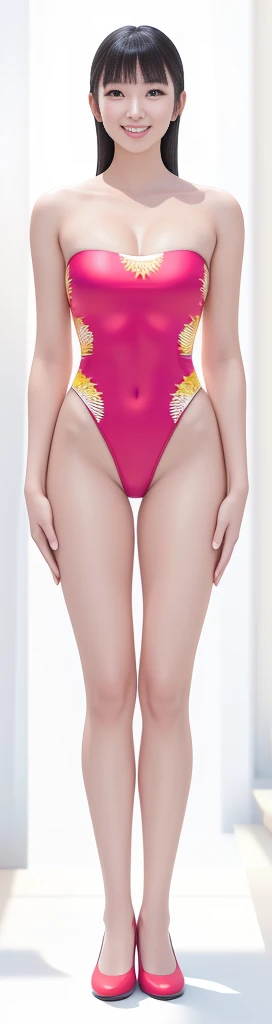 On a white background,A tall and beautiful Chinese girl,with fair skin,Toothy smile,A big smile,When you laugh, Your eyes are crescent-shaped,blunt bangs, long straight hair,Wear a one-piece swimsuit and pumps,Swimsuits are decorated with joyful patterns, Stand up straight,Stand upright,hands on sides,Symmetrical distribution,Ray tracing,All shaded areas,No windows, Soft lighting, Warm light, flood light, n, Studio light, 1.4x Realistic Ultra HD