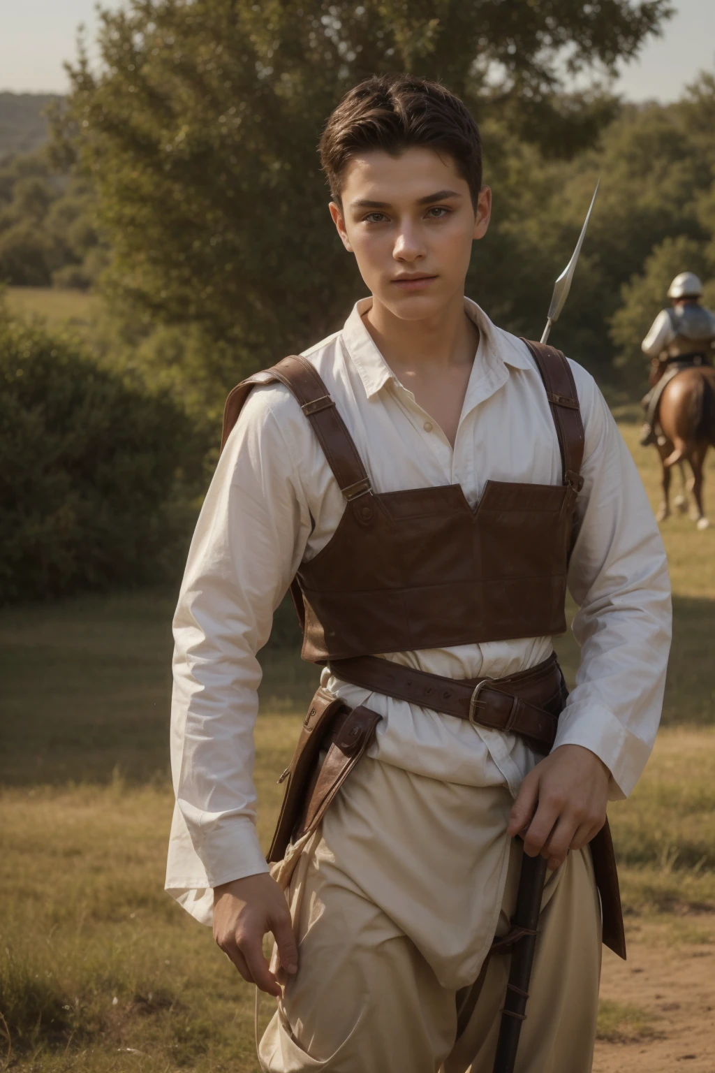 A cute twink male with a face with make-up and black hair. He is wearing a long-sleeved white shirt and brown pants. He is riding a horse and is on the battlefield fighting against the army. He has a sword, shield and arrows in his hand.