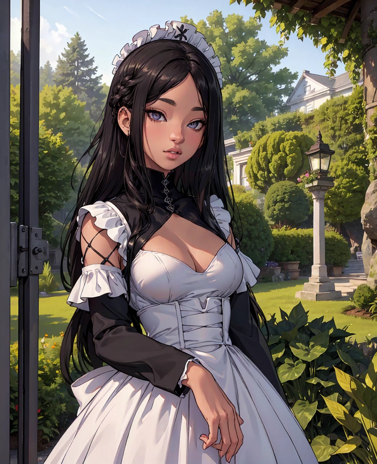 a beautiful girl with long dark hair wearing a maid outfit, extremely detailed eyes and face, longeyelashes, beautiful detailed lips, detailed intricate dress, standing in a lush garden with willow trees, sunlight filtering through the leaves, warm color palette, cinematic lighting, (best quality,4k,8k,highres,masterpiece:1.2),ultra-detailed,(realistic,photorealistic,photo-realistic:1.37)