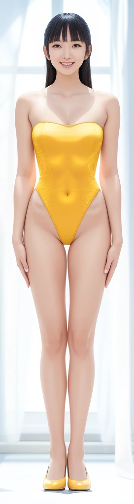 On a white background,A tall and beautiful Chinese girl,with fair skin,Toothy smile,A big smile,When you laugh, Your eyes are crescent-shaped,blunt bangs, long straight hair,Wear a one-piece swimsuit and pumps,Swimsuits are decorated with joyful patterns, Stand up straight,Stand upright,hands on sides,Symmetrical distribution,Ray tracing,All shaded areas,No windows, Soft lighting, Warm light, flood light, n, Studio light, 1.4x Realistic Ultra HD