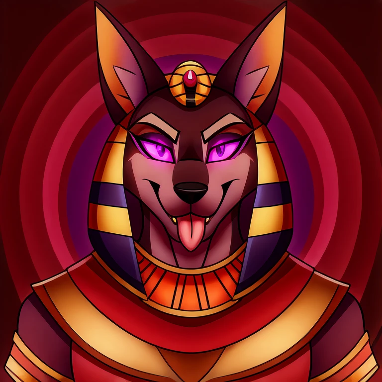 (masterpiece, best quality:1.2), Vortex male anubian jackal hellhound, wolf, furry, helluva boss, hypnotized with glowing purple eyes, tongue out, egyptian pharaoh clothes, tribal clothes