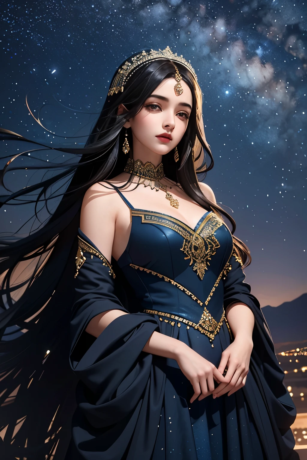 This is a masterpiece of a image, showcasing an Arab girl exuding an enchanting charm that is uniquely hers. Set against the backdrop of a breathtaking night landscape, the girl is surrounded by the moonlit desert, with stars twinkling overhead and a distant oasis glowing in the distance. She is elegantly enclosed in an exquisite enclosure outside, adding to the dreamlike quality of the scene.
The girl is lovely, with long, black hair cascading down her shoulders, and dark brown eyes that seem to hold an unspoken allure. She is dressed in a elegant, dark blue dress that shimmers under the moonlight, adorned with