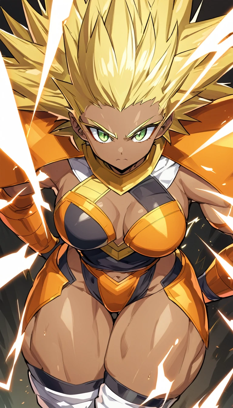 a girl, saiyan, super saiyan, spiky, green eyes, ripped muscles, thin waist, wide hips, saiyan clothes, dragon ball z universe, brown skin color, medium breasts, thick thighs, (she would be raising her ki and if transforming into super saiyan), super saiyan hair, blonde hair, raising ki, lightning around
