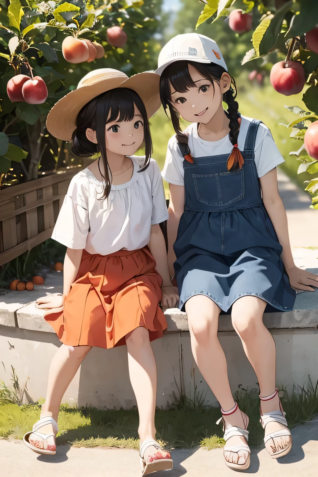 Highest quality、High resolution、Detailed Background、(Beautiful face in every detail:1.4)、Anatomically correct、(Normal number of fingers:1.2)、(Detailed facial expressions)、Teenage beauty、Highly detailed face、Light color hair、Braided Ponytail、Braided bob cut、cute hairstyle、cute gesture、Fun atmosphere、A big smile、smile、Refreshing atmosphere、apple、mandarin orange、peach、
(Girls enjoying fruit picking:1.5)、
On top of a hill with a blue sky、wood々The sunlight shines through、I found some ripe red fruit.、
Holding hands with friends、Climbing from a high branch、Picking sweet-smelling grapes、
A fun time filled with smileemories that remain in my heart、
Now, what color fruit will be next?、Can you find it?、Let's all gather together and eat、
Summer memories: Fruit picking、Running around under the blue sky、apple、mandarin orange、Collected peaches、
I had a great time、A memorable summer day、
A cute T-shirt with fruit prints and colorful colors.、
A flared dress made of lightweight material、Comfortable denim or cotton shorts、
Flared skirts, culottes, etc.、Comfortable flat or sports sandals、Lightweight and breathable sneakers、Caps and hats that are easy to crush、
The color is red, reminiscent of fruit.、yellow、orange、Green etc. gives a lovely impression、cute