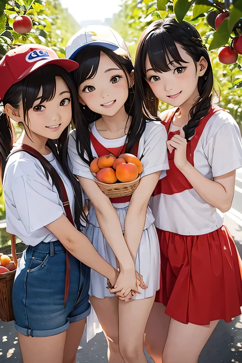 Highest quality、High resolution、Detailed Background、(Beautiful face in every detail:1.4)、Anatomically correct、(Normal number of fingers:1.2)、(Detailed facial expressions)、Teenage beauty、Highly detailed face、Light color hair、Braided Ponytail、Braided bob cut、cute hairstyle、cute gesture、Fun atmosphere、A big smile、smile、Refreshing atmosphere、apple、mandarin orange、peach、
(Girls enjoying fruit picking:1.5)、
On top of a hill with a blue sky、wood々The sunlight shines through、I found some ripe red fruit.、
Holding hands with friends、Climbing from a high branch、Picking sweet-smelling grapes、
A fun time filled with smileemories that remain in my heart、
Now, what color fruit will be next?、Can you find it?、Let's all gather together and eat、
Summer memories: Fruit picking、Running around under the blue sky、apple、mandarin orange、Collected peaches、
I had a great time、A memorable summer day、
A cute T-shirt with fruit prints and colorful colors.、
A flared dress made of lightweight material、Comfortable denim or cotton shorts、
Flared skirts, culottes, etc.、Comfortable flat or sports sandals、Lightweight and breathable sneakers、Caps and hats that are easy to crush、
The color is red, reminiscent of fruit.、yellow、orange、Green etc. gives a lovely impression、cute