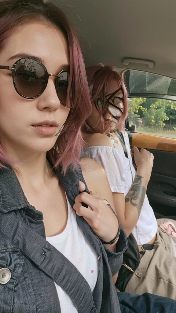 girl, 21 years old, short shoulder-length hair, pink hair color, pink hair