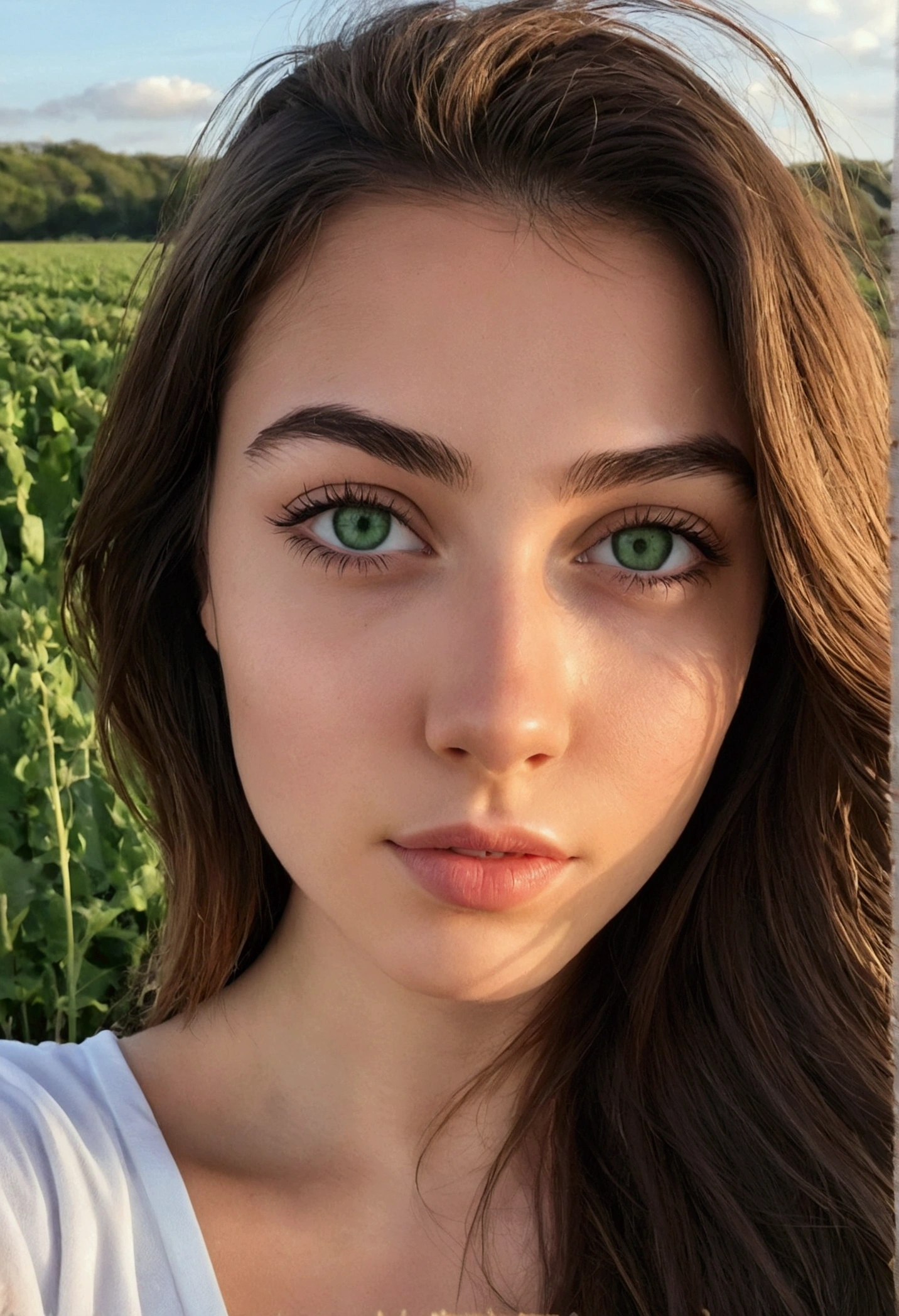 fille brune de 23 ans avec de jolies formes aux yeux brun/vert, Ultra réaliste, minutieusement détaillé, maquillage naturel, regarder directement la caméra, selfie devant un paysage flou, photo réaliste avec défauts, photo type instagram