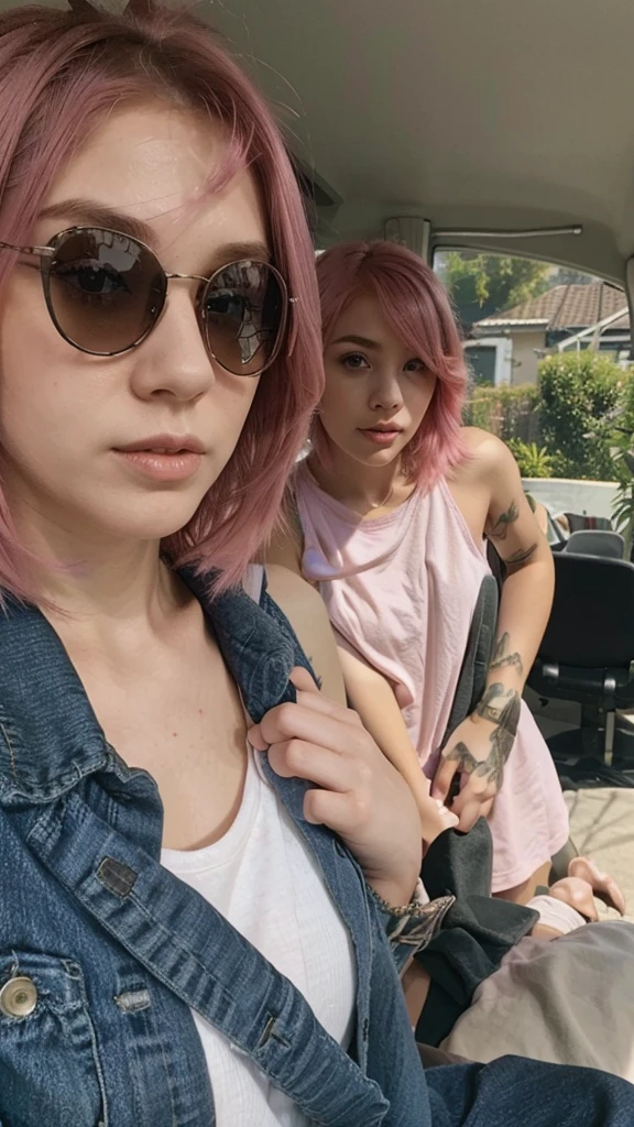 girl, 21 years old, short shoulder-length hair, pink hair color, pink hair