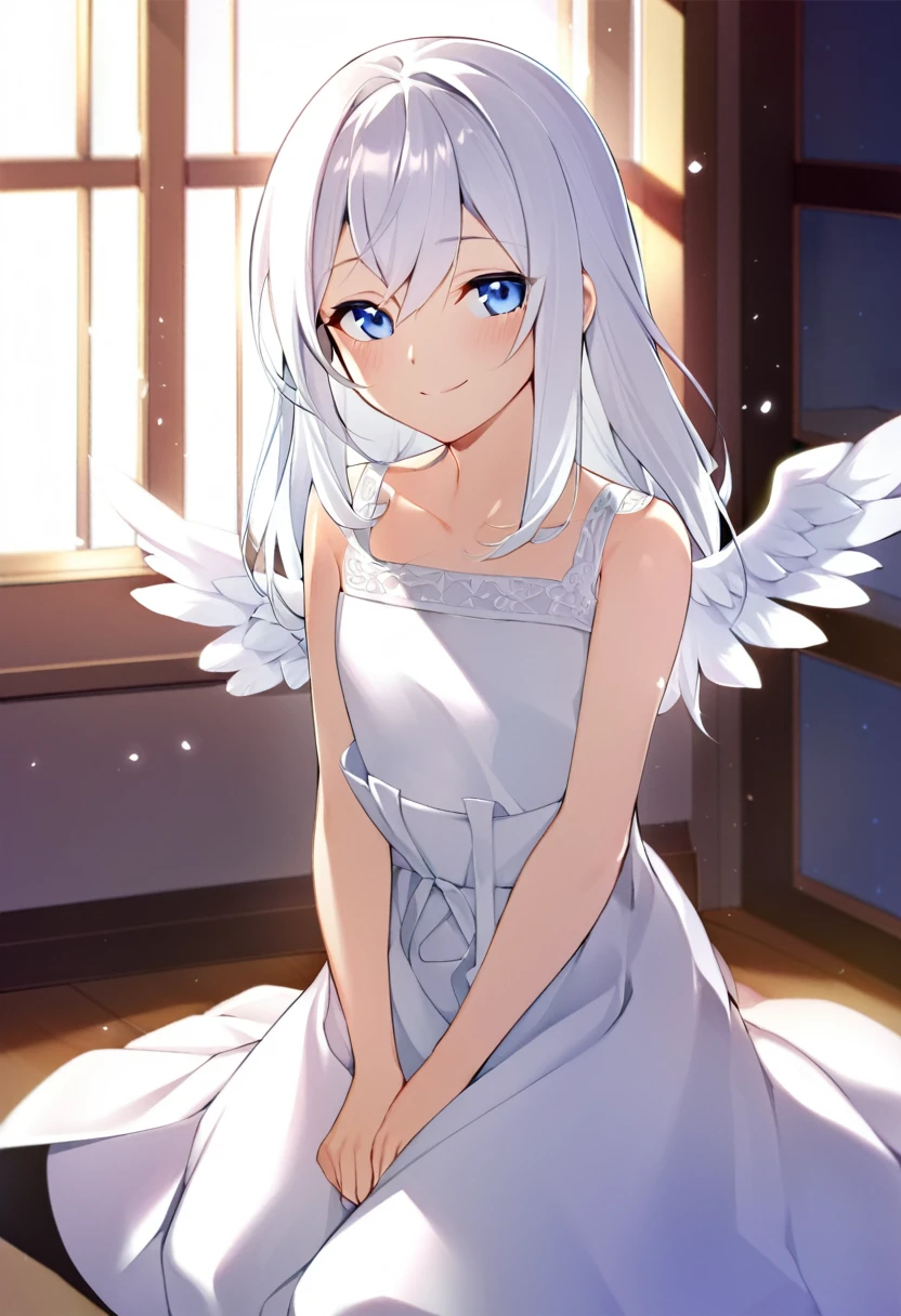 one girl, archangel, angel wing, angel ring, sacred, cute, naive, sitting, 13 years old, beautiful, light blue eyes, white dress, white hair, smile gently at me, girl focus