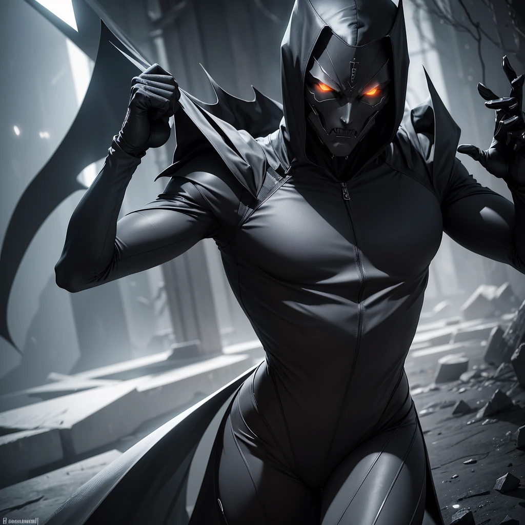 Physicist: Slender and agile, with fast and precise movements.
badass clothing: Dressed in dark, form-fitting clothing that allows for stealth, with silver accents that reflect its deadly efficiency.
faces: Pale, angular face, dull black eyes, that seem to absorb light.
Symbol: Bhaal&#39;s mark tattooed on the back of the hand, visible only during your runs.