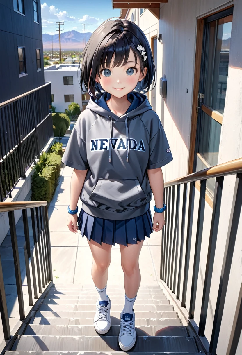 (8K, best quality, master piece: 1.2),Ultra High Resolution,11 year old cute girl,ultra-detailed face, detailed eyes,Tsurime Eyes,(smirk),dark gray short sleeve Hip Length hoodie(dark gray:1.4), (Written on hoodie text:"NEVADA":1.5),navy pleated skirt,white socks,sneakers,full body,black hair,short hair,rim light,(standing straight on the stairs of the apartment complex)