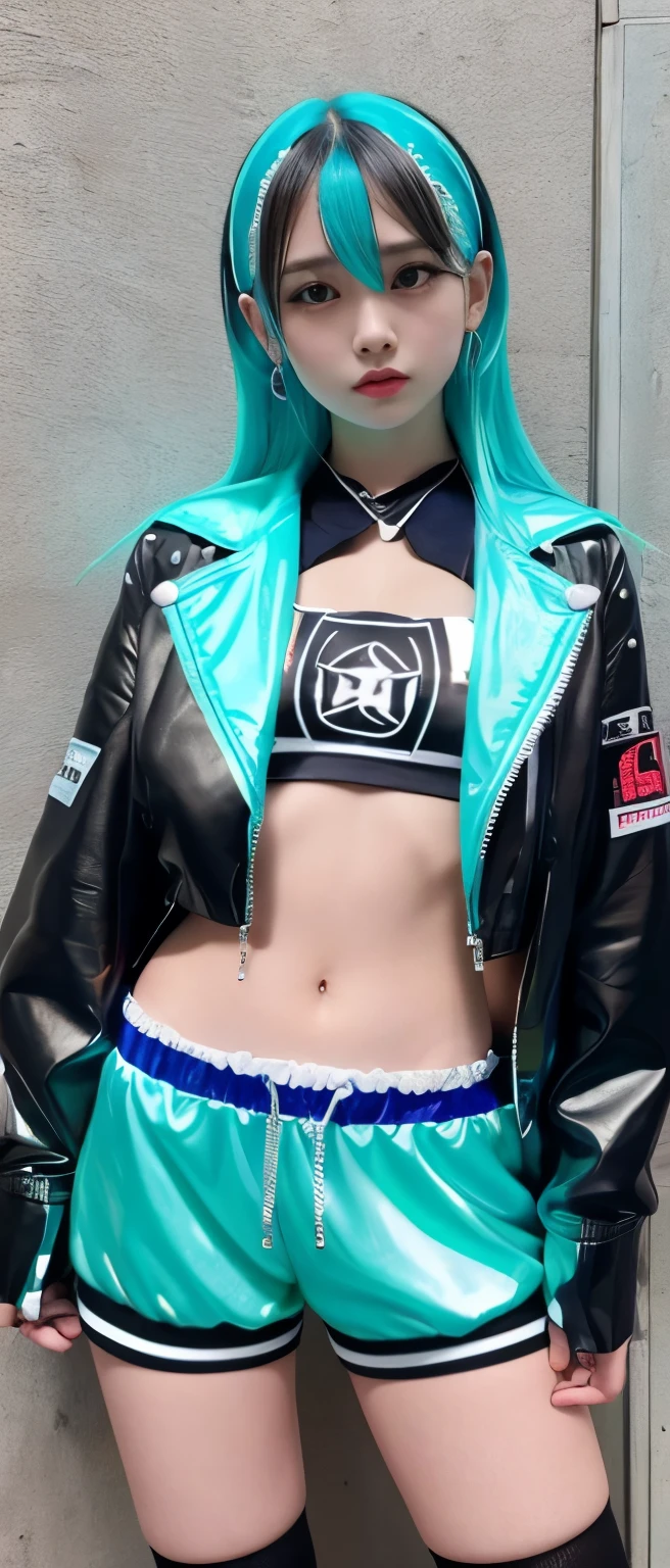 Cute and cool idol girl、whole body、Good style、、、、、、、、、、Thick legs、、Fluorescent blue and silver punk shorts costume(punk jacket)、Neat and clean idol face、squirt(Glowing)、Black Long Hair