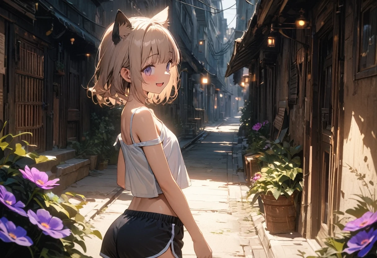((Masterpiece)), ((best quality)), ((kawaii)), ((extremely detailed)), 4K, (8K), (super detail:1.2), (High Definition:1.3), (Professional Photography:1.2), wide shot, cinematic lighting, (very aesthetic:1.2), (absurdres:1.2), (sharp focus), (perfect light), (profile), (()), ((1girl)), Glossy skin, (Childishly loose crop top), wearing dolphin shorts, strap slip down, (Cute innocent teenage girlhort stature, (Healthy and toned body), slim body, small breast, ((:d)), open mouth, ((naughty smile)), beautiful collarbones, (exposed shoulders), (put on Cat ears), pale brown hair, pudgy cheeks, BREAK, ((best quality)), ((extremely detailed)), wide shot, (Beautiful pale brown hair), glossy medium hair, (loose blunt bangs), (bending forward), ((in purple anemone flowers)), (Back Alley at Midnight), Midnight summerday, Beautiful Townscape Background,(long eyelashes), ((baggy eyes)), (colorful eyes), round eyes,